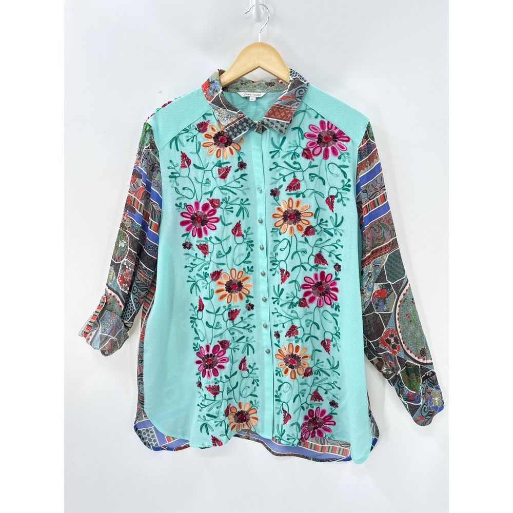 John Mark Embroidered Floral Mixed Print L Blouse Turquoise Art to Wear Eclectic